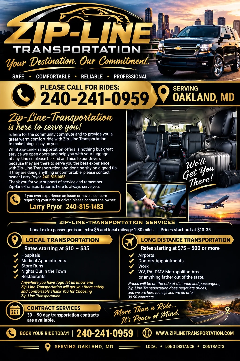 Zip-Line Transportation promotional flyer with community commute, ride services, and contact information