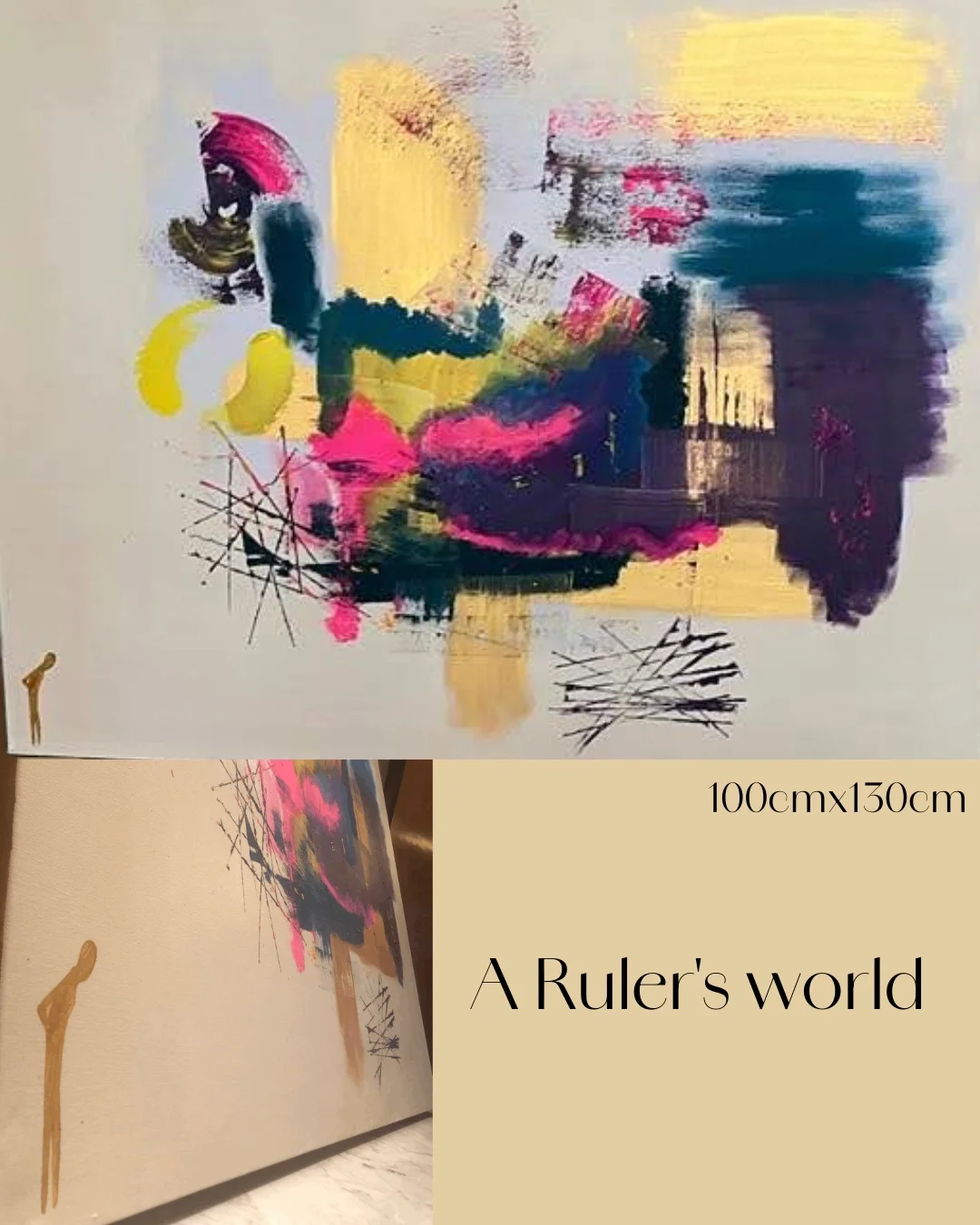 A Ruler's World abstract painting and gallery exhibition view showing layered geometric brushstrokes