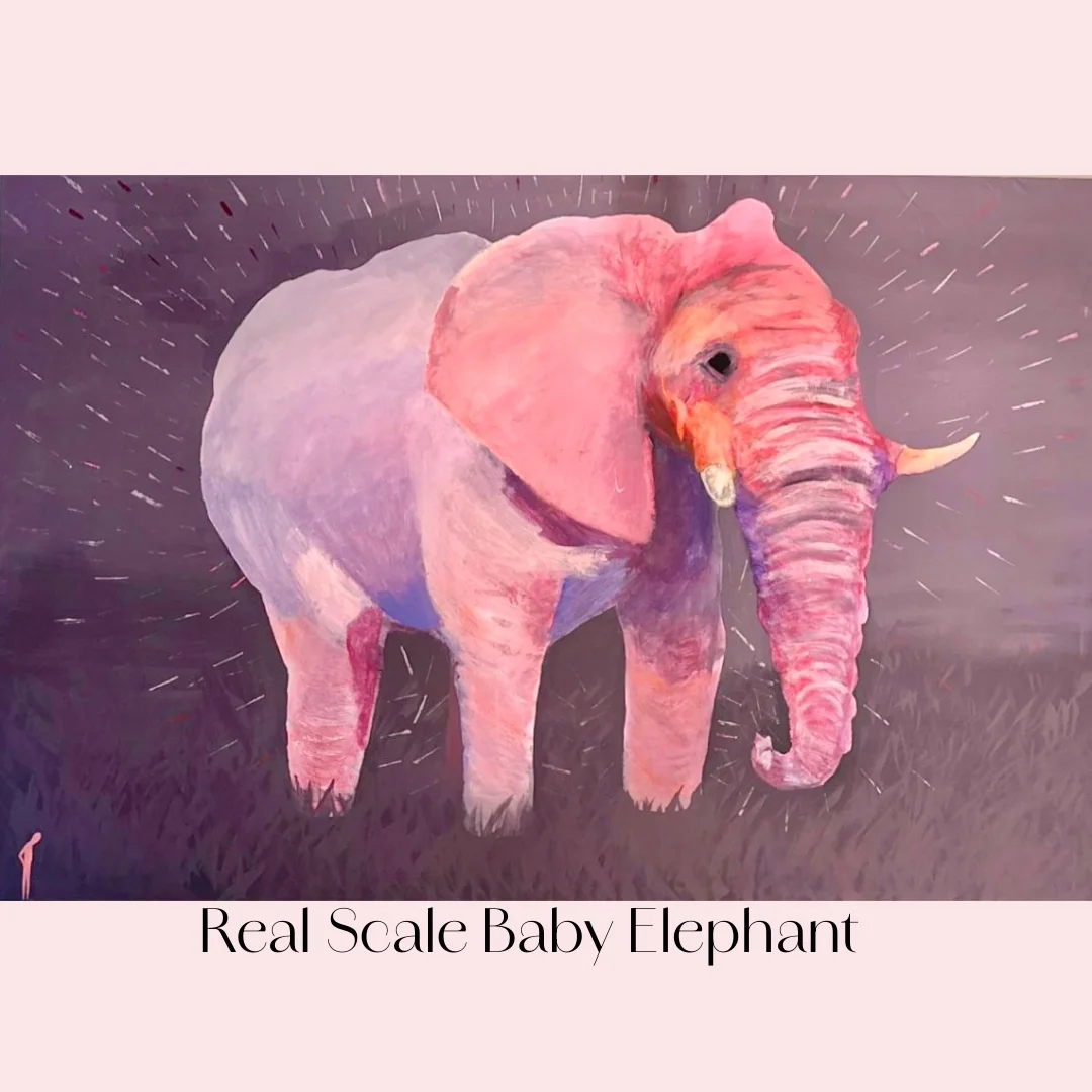 Real Scale Baby Elephant painting in vivid purple and pink against radiating dark ground
