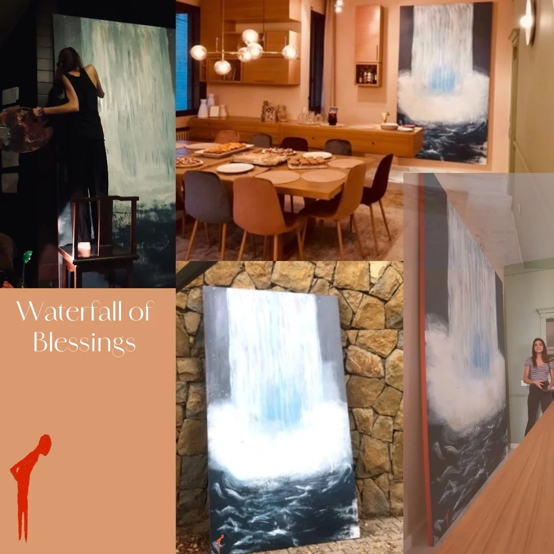 A collage documenting the Waterfall of Blessings art event featuring live painting performance and dining room exhibition setting