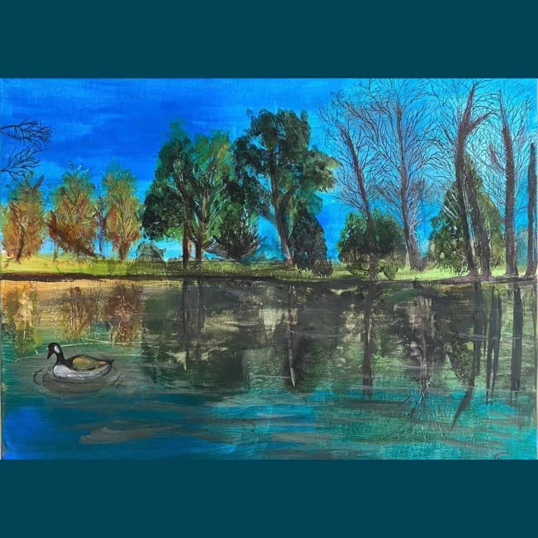 Vibrant painting of a sunlit tree-lined pond and swimming duck investigating organic harmony and reflection
