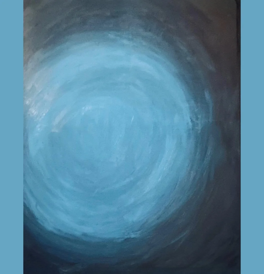 Blue circular abstract painting with luminous tunnel brushstrokes investigating depth and perception