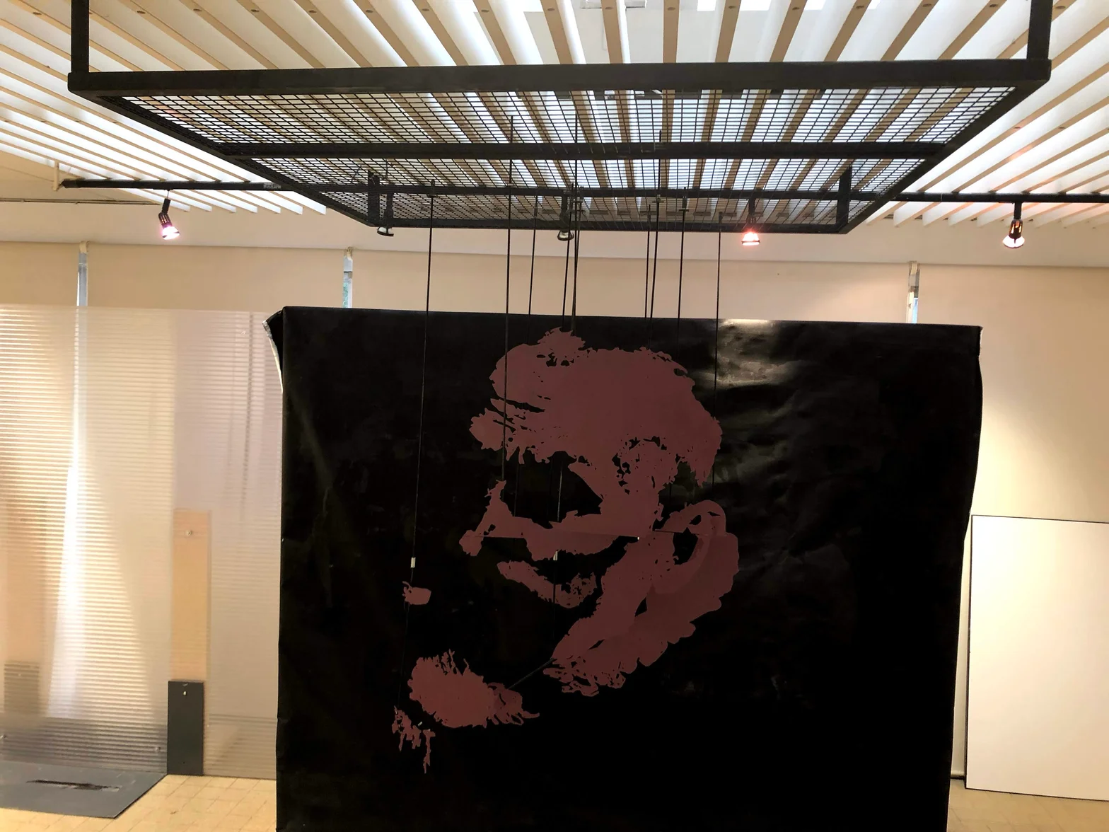 Spacious contemporary interior featuring dramatic suspended black installation with large abstract burgundy artwork illuminated by track lighting