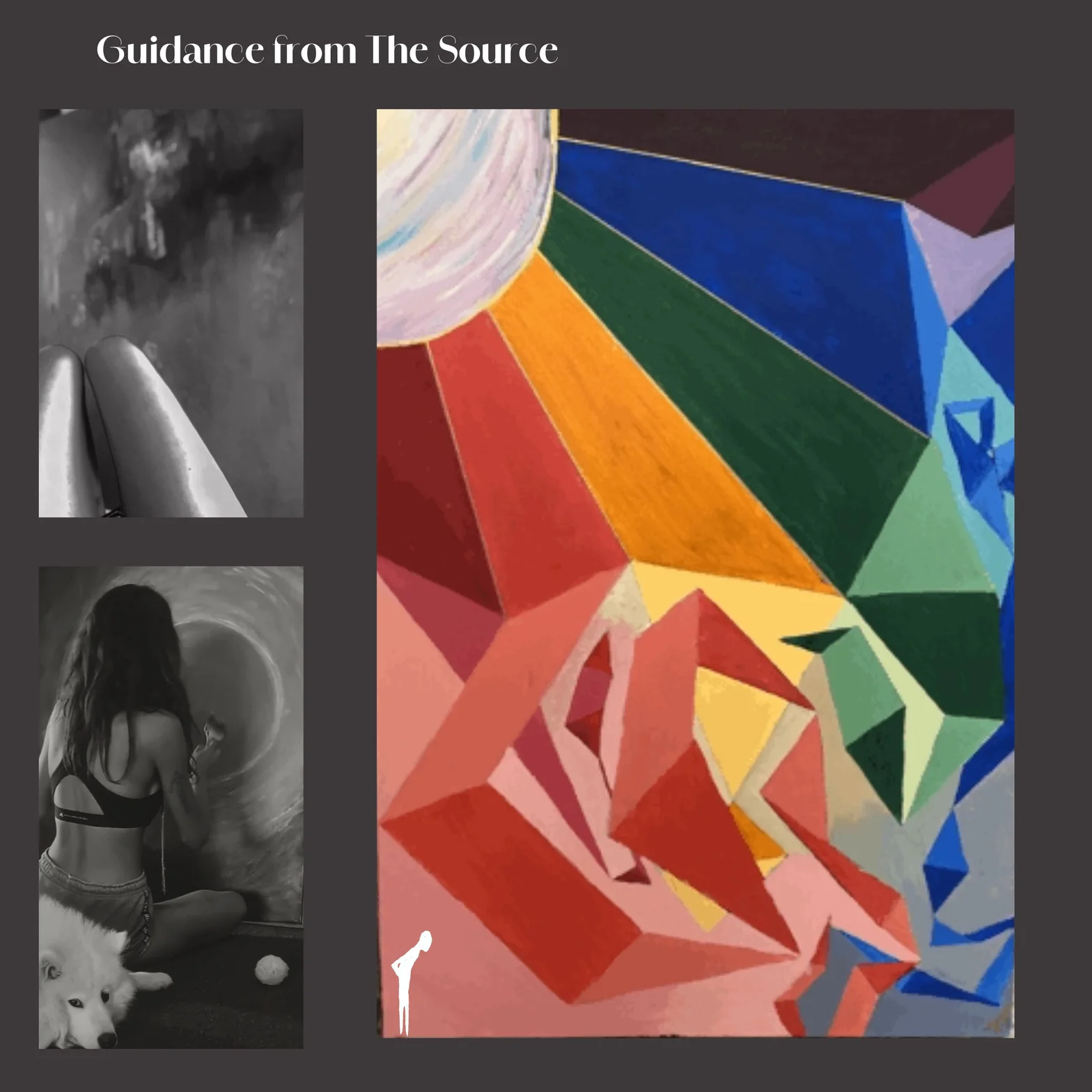 A dark editorial collage titled Guidance from The Source featuring colorful abstract painting and intimate contemplative photography
