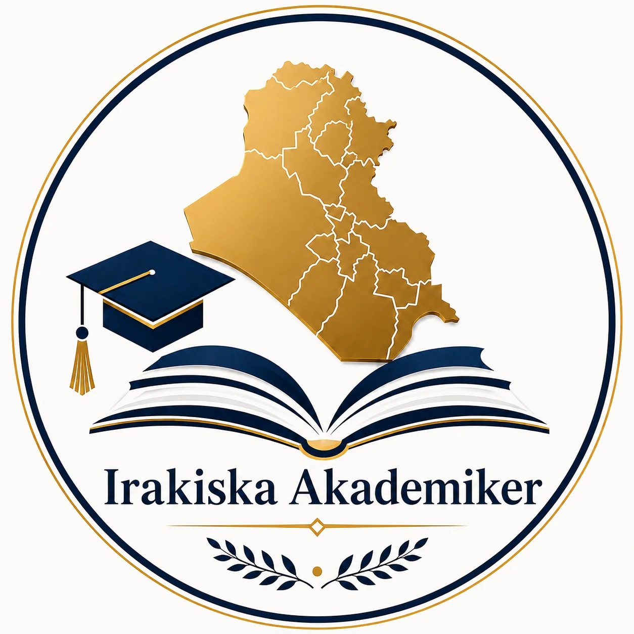 Irakiska Akademikers logotyp med bok, mortelhatt och Iraks karta i guld