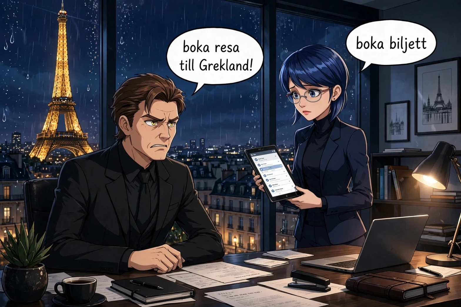 Illustrerad scen på ett kontor i Paris där Gabriel Agreste ilsket beordrar att boka resa till Grekland medan Nathalie håller fram en surfplatta för att boka flygbiljett, med ett regnigt Paris och Eiffeltornet i bakgrunden.