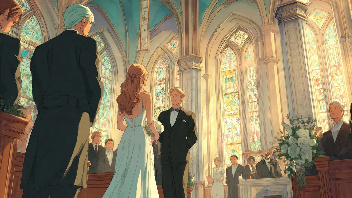 Adrien och Alice står framför altaret i en gotisk kyrka med färgglada glasmålningar, omgivna av familj och vänner.