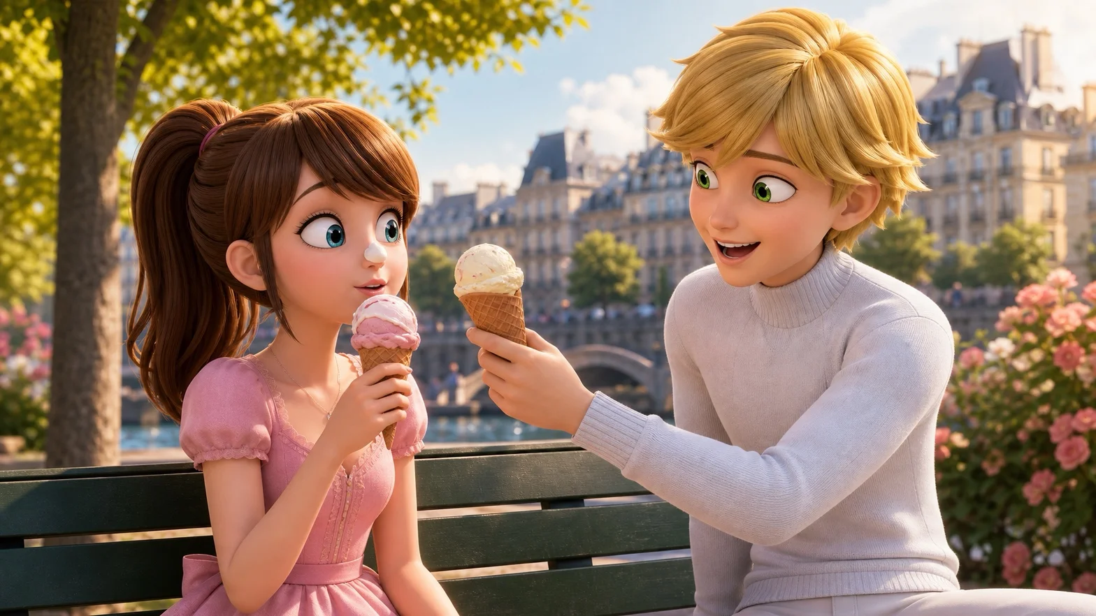 Två animerade karaktärer njuter av glass tillsammans på en bänk med en parisisk stadsbakgrund och blomsterträdgård.
