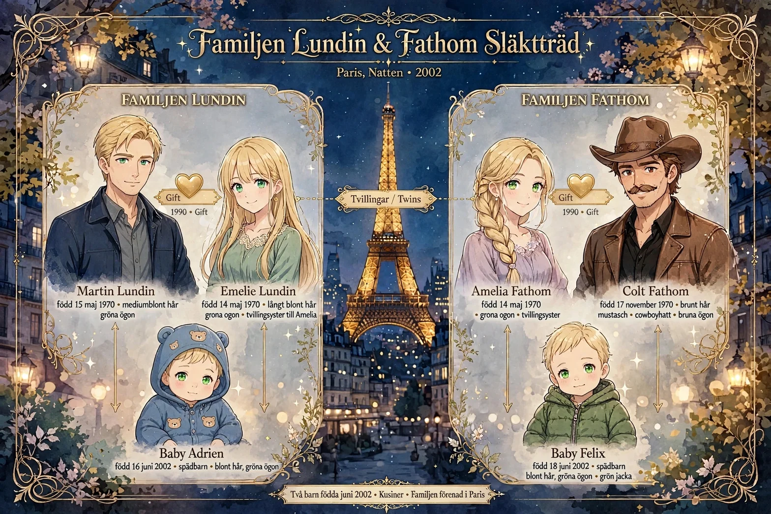 En elegant familjetavla över familjen Lundin och familjen Fathom, med illustrerade porträtt av familjemedlemmar i olika åldrar mot en gyllene bakgrund av Paris och Eiffeltornet.