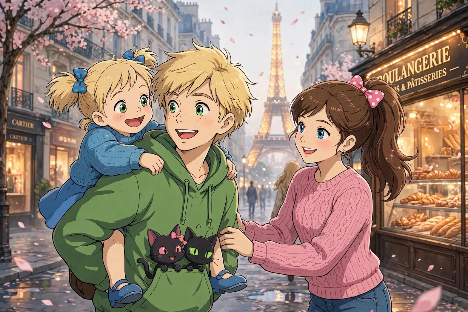 En illustrerad familj med två barn och två katter promenerar på en blomsterdekorerad gata i Paris, med Eiffeltornet och ett bageri i bakgrunden.