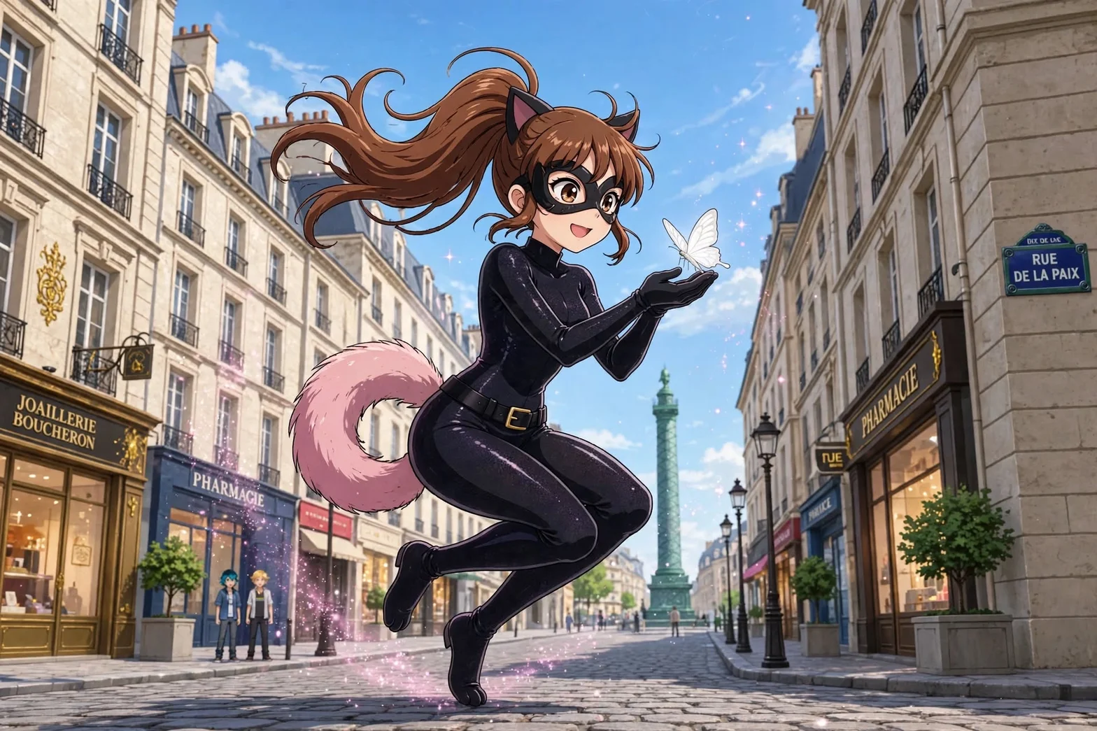 En illustrerad superhjältefigur med kattöron, mask och rosa svans hoppar genom en solbelyst parisisk gata medan en vit fjäril svävar över hennes händer på Rue de la Paix.