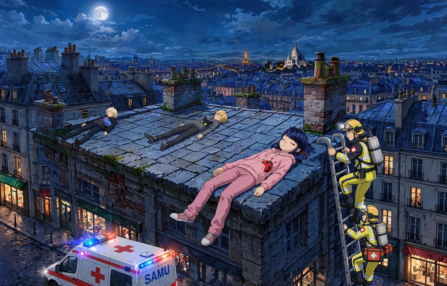 Brandmän och ambulanspersonal utför en räddningsinsats på ett parisiskt hustak under fullmånen, med Sacré-Cœur synlig i bakgrunden.