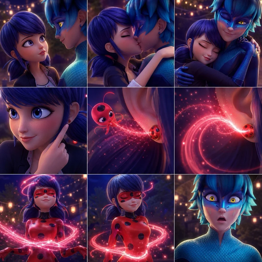 En collage av Lukas och Marinette som vanliga tonåringar och som Viperion och Ladybug, i kärleksfulla ögonblick med glödande effekter.