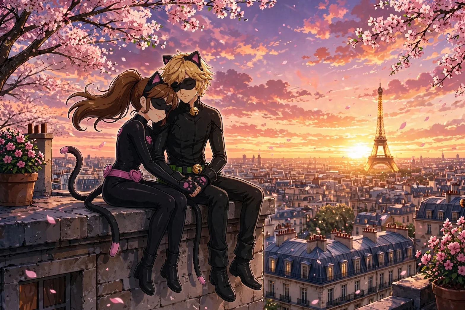En romantisk illustration av två maskerade superhjältar i svarta kattdräkter som sitter tillsammans på ett tak i Paris vid solnedgången bland körsbärsblommor.