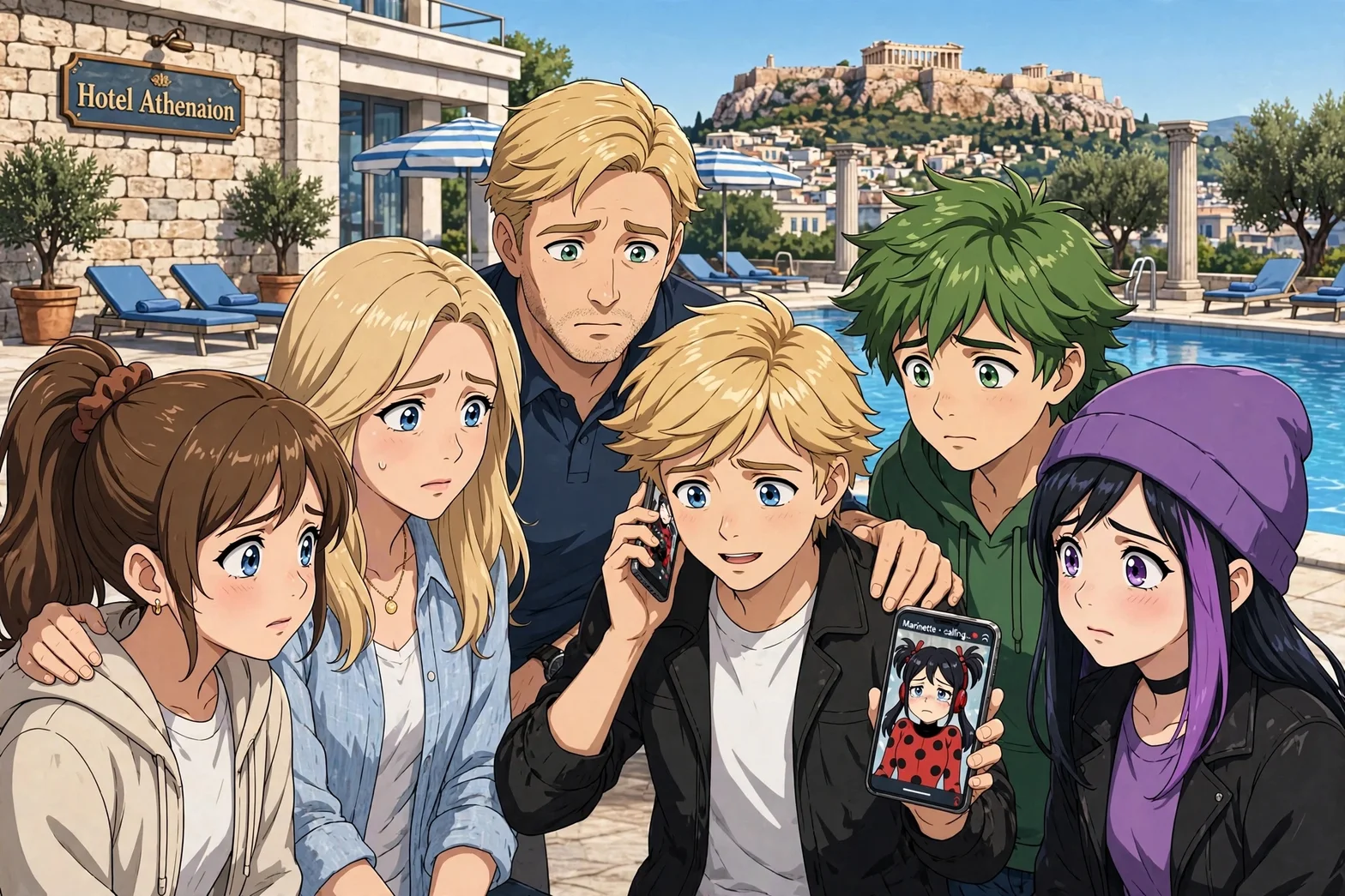 En illustrerad grupp med sex personer samlade vid en hotellpool i Aten, där Adrien tar emot ett FaceTime-samtal från Marinette medan Alice, Emelie, Martin, Lukas och Juleka lyssnar allvarligt. Akropolis syns i bakgrunden.