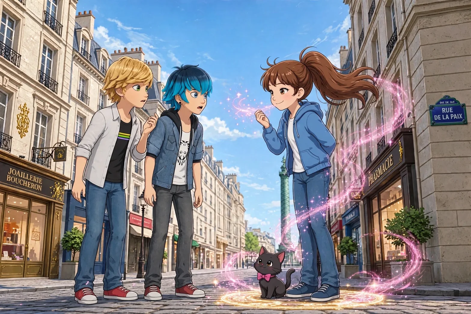 Illustrerad scen med tre ungdomar och en svart katt som står på en parisisk gata vid Rue de la Paix medan rosa och gyllene magiska spiraler omger gruppen.