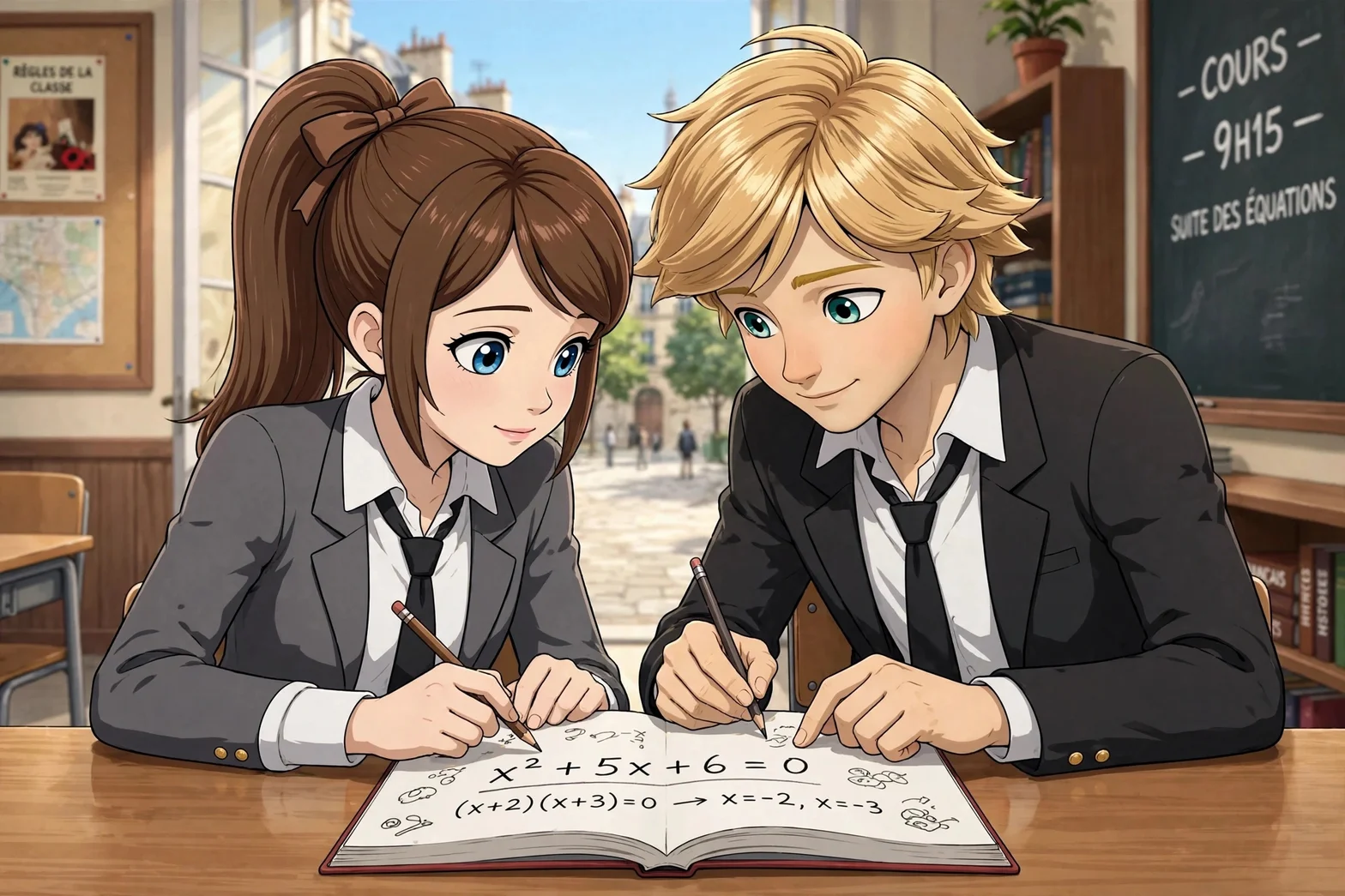 Adrien och Alice hjälper varandra med matematik i matematikboken under lektionen i klassrummet.