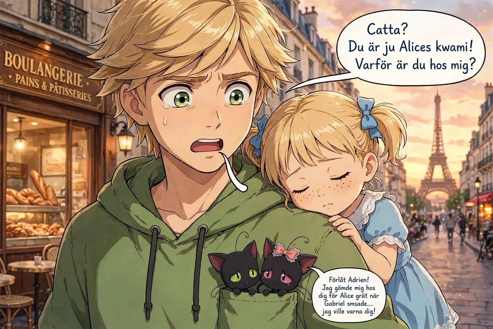 En illustrerad mangascen i Paris där en blond pojke i grön huvtröja bär en sovande flicka med två svarta katter i fickan framför Eiffeltornet och ett bageri.