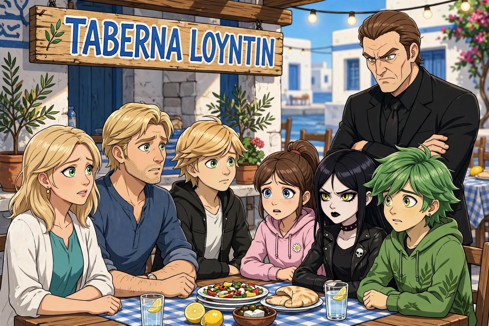 Illustrerad scen på grekiska Taverna Loyntin där en allvarlig och sträng Gabriel Agreste i svart kostym står bakom bordet för att hämta Alice, medan Emelie, Martin, Adrien, Alice, Juleka och Lukas sitter chockade och oroliga runt bordet.