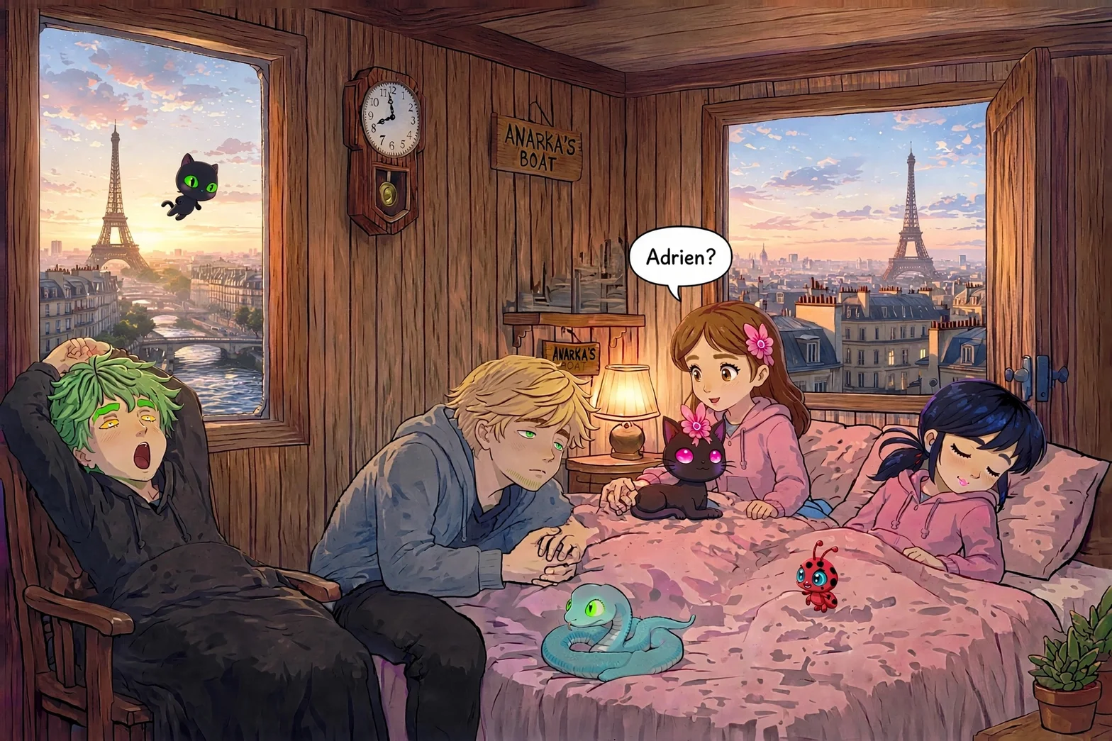 Ett litet sällskap med magiska varelser i ett mysigt rum med utsikt över Paris och Eiffeltornet.