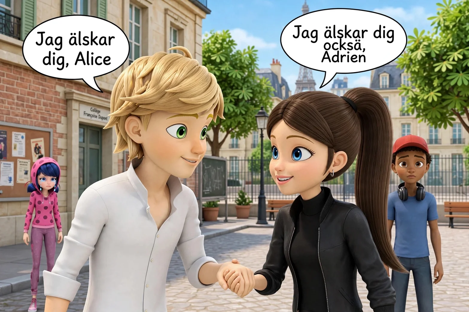 En tecknad scen på en parisisk skolgård där Alice och Adrien håller varandra i handen och förklarar sin kärlek framför Eiffeltornet.