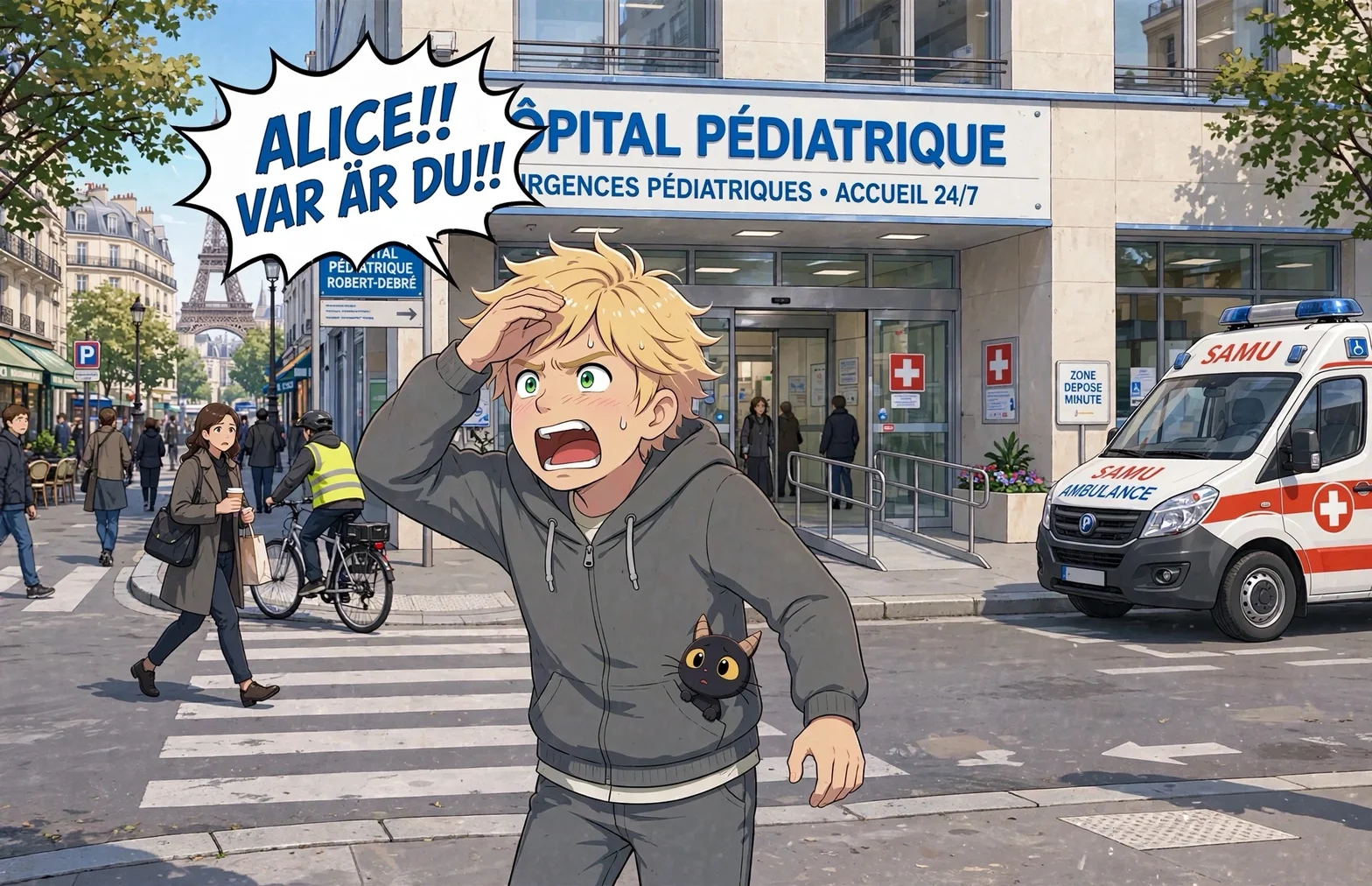 En animerad pojke springer på en parisisk gata framför ett barnsjukhus med en ambulans i bakgrunden.