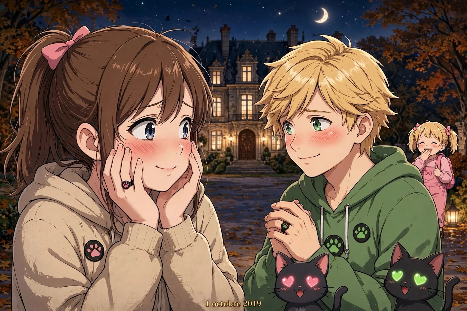 Romantisk höstkväll och syskonögonblick i Paris med Adrien och Emma vid slottet.
