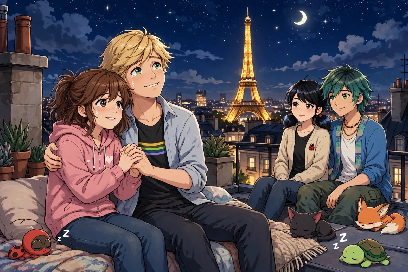 En grupp anime-karaktärer som tillsammans njuter av en natt på en parisisk balkong med Eiffeltornet som lysande bakgrund och små söta djur som sover omkring dem.