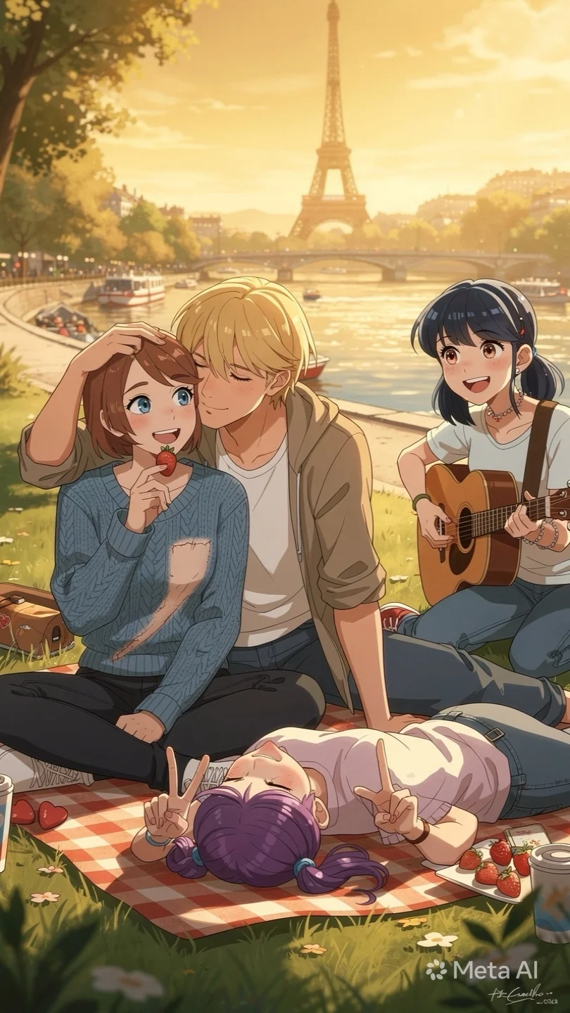 En illustrerad picknick vid Seine i Paris med Eiffeltornet i bakgrunden där ungdomarna umgås på en filt och spelar gitarr.