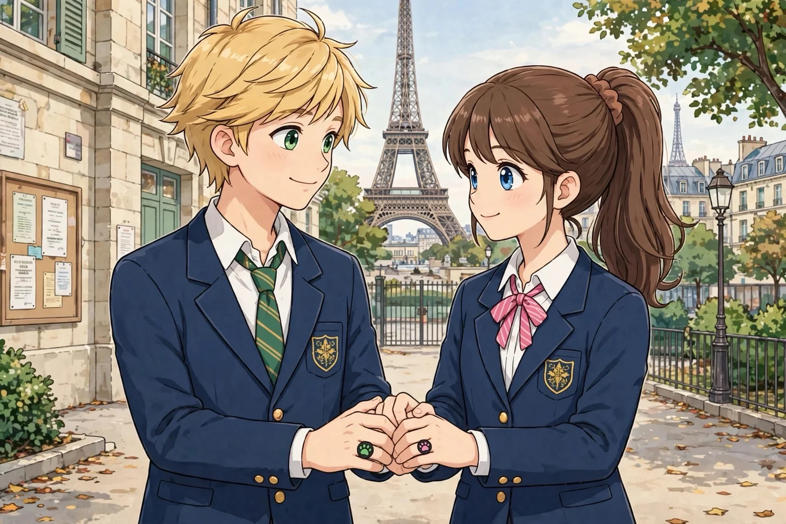 Alice och Adrien i skoluniform gör ett hjärtformat handtecken tillsammans framför Eiffeltornet.