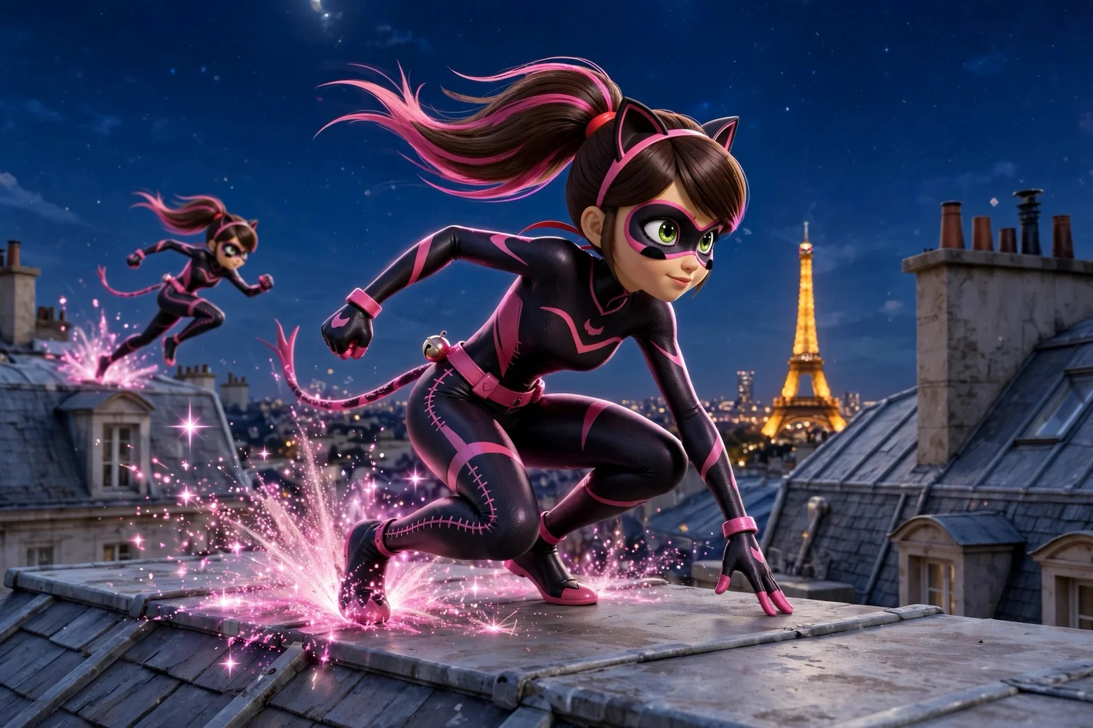 Catty Lady i rosa och svart kostym på ett parisiskt tak vid natt, med magisk energi som sprider sig omkring henne.