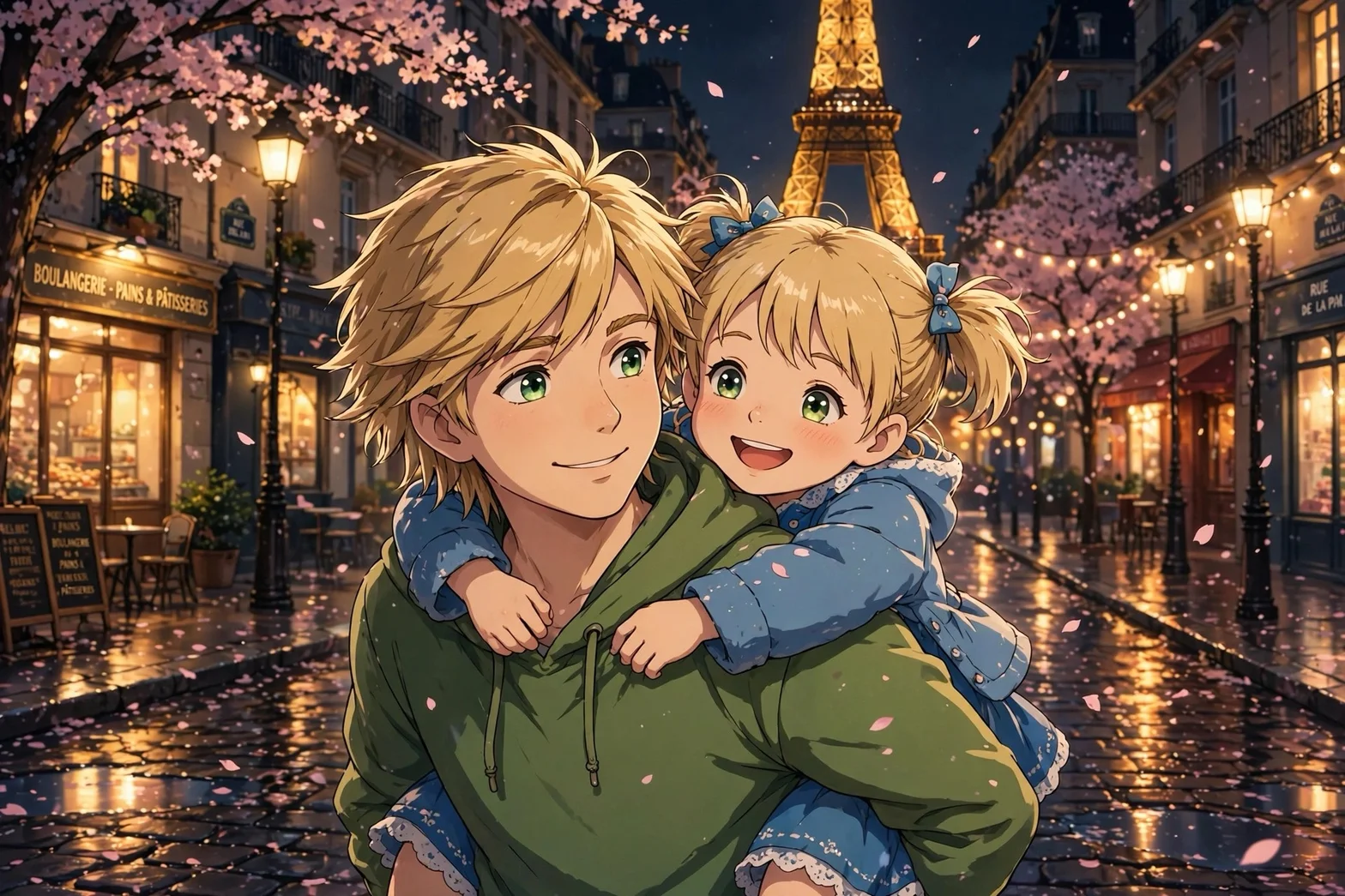 Adrien bär sin yngsta syster Emma genom en blommande Parisgata på kvällen med Eiffeltornet i bakgrunden.