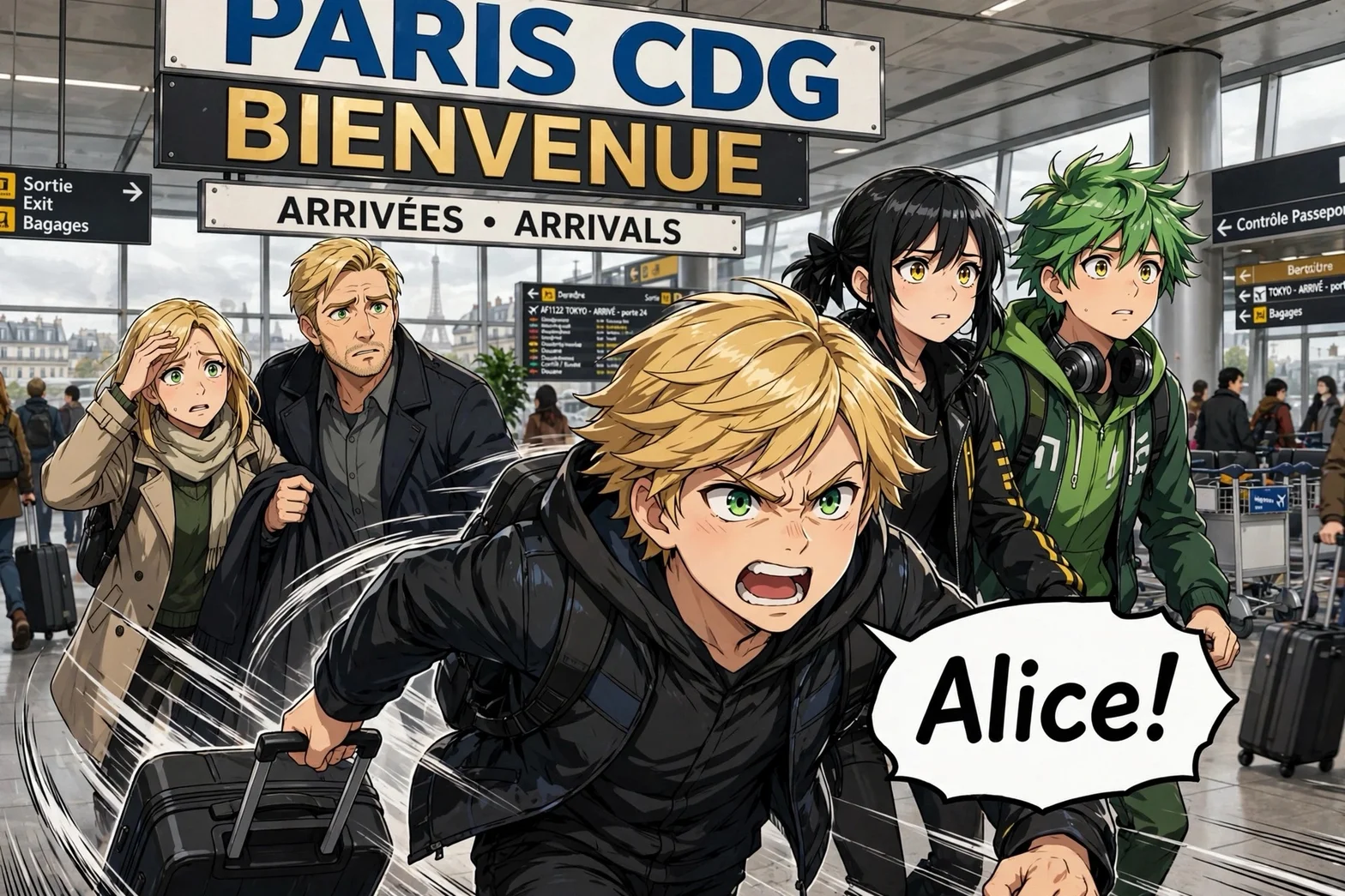 Illustrerad animeinspirerad scen på Paris Charles de Gaulle-flygplatsen, där fem resenärer skyndar genom ankomsthallen med bagage och Adrien ropar på Alice.