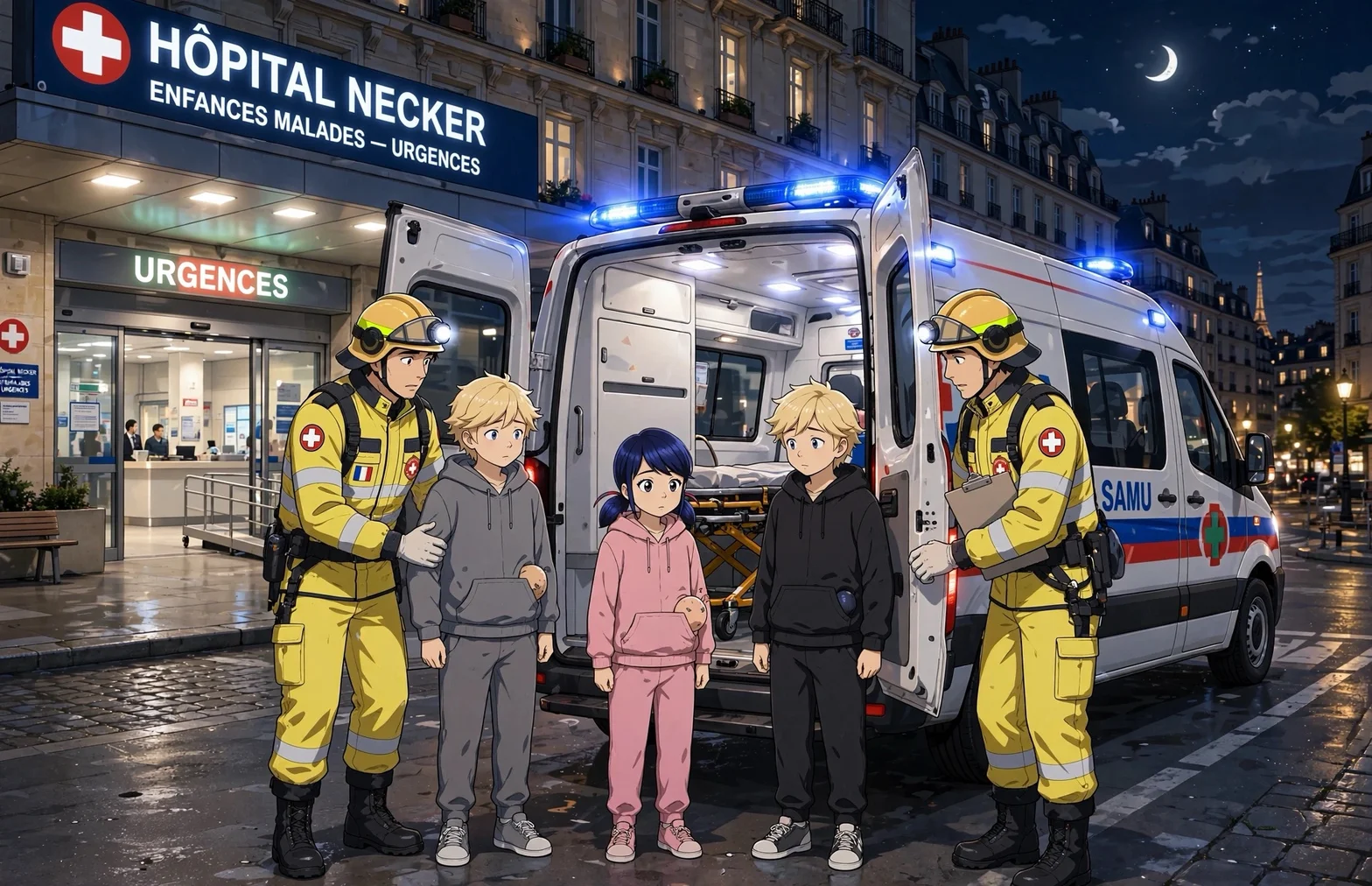 Två ambulanssjukvårdare i gula uniformer utanför ett sjukhus i Paris med tre barn framför ambulansen under kvällen.