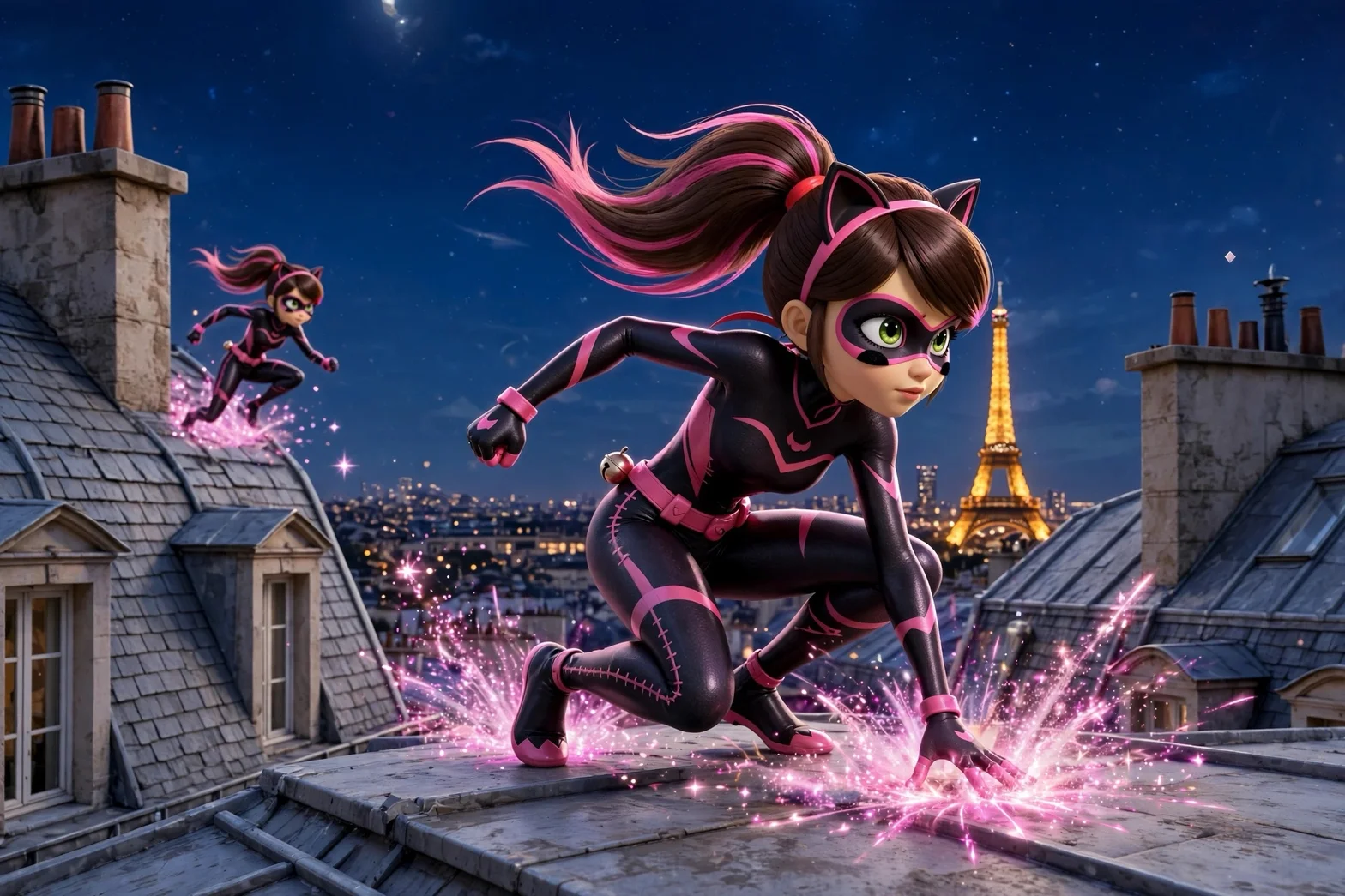 Catty Lady i rosa och svart kostym springer över parisiska tak med magiska effekter, med Eiffeltornet synligt i bakgrunden under en nattlig stjärnhimmel.