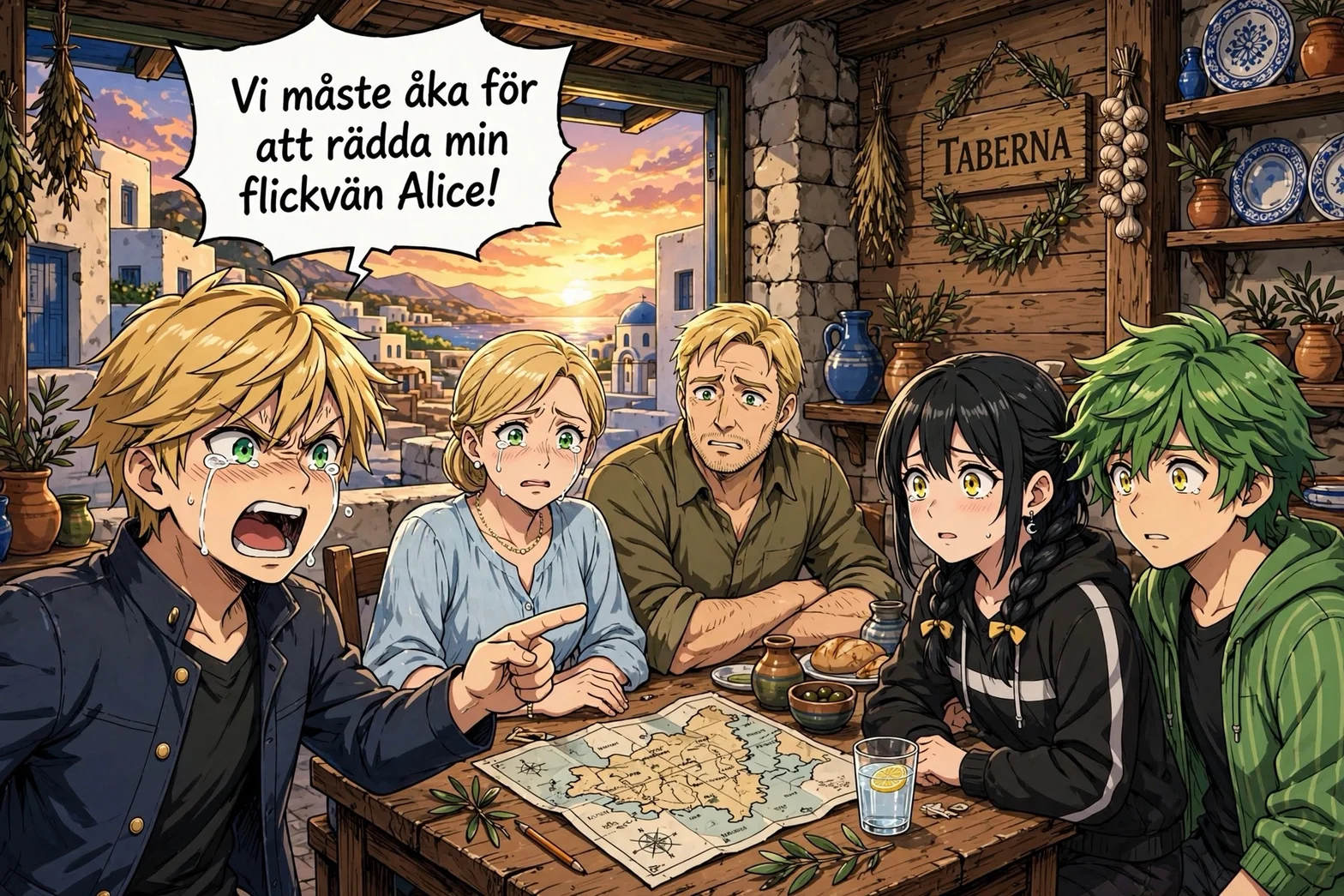 Illustrerad scen i grekiska Taverna Loyntin där Adrien, Emelie, Martin, Juleka och Lukas samlas runt bordet med en karta för att planera en räddningsaktion, medan en gråtande och förtvivlad Adrien säger att de måste skynda sig för att rädda Alice.