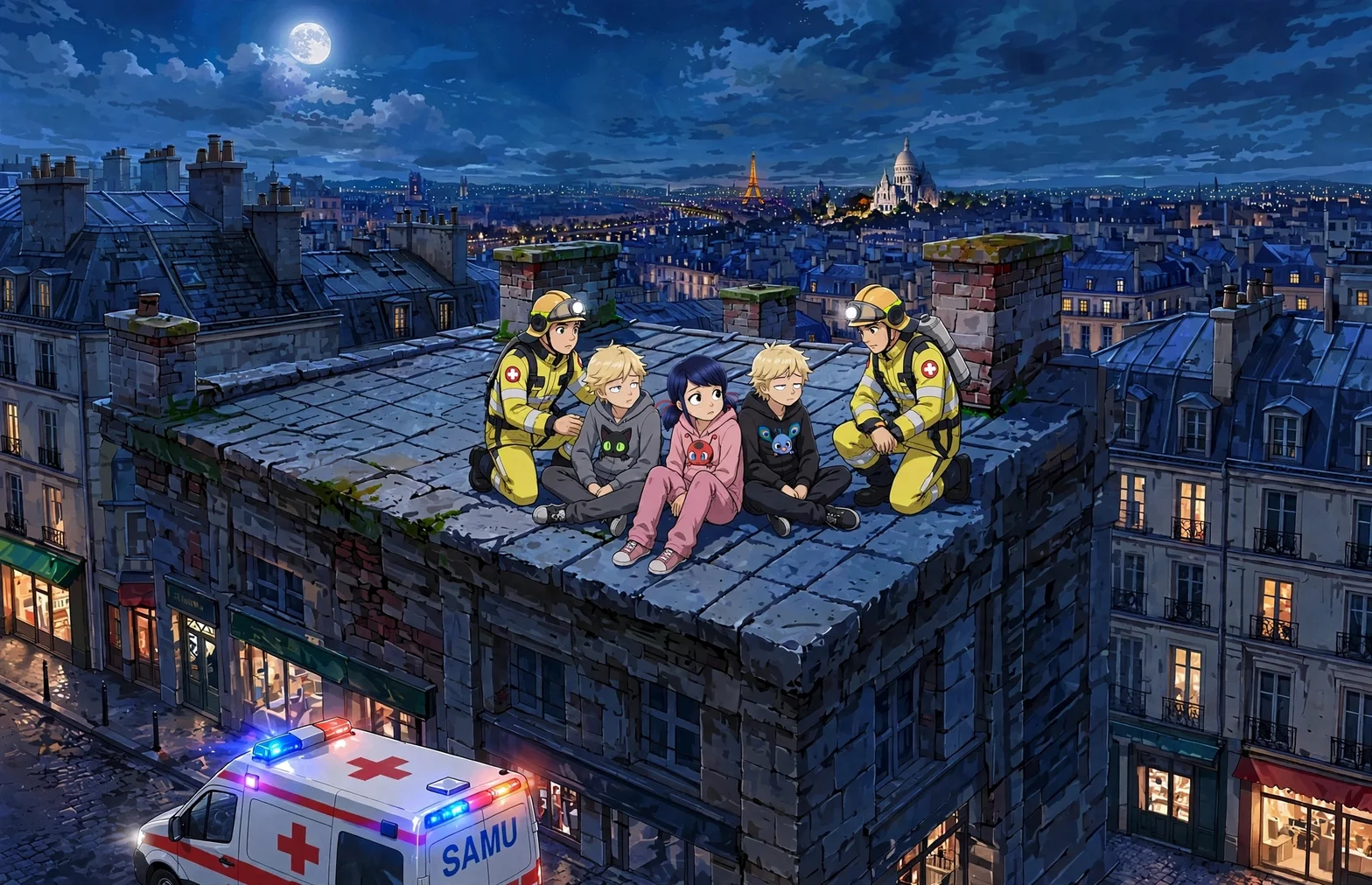Fyra barn och två räddningsarbetare på ett hustak i Paris, med en ambulans och Sacré-Cœur-basilikan synlig i bakgrunden under en fullmåne.