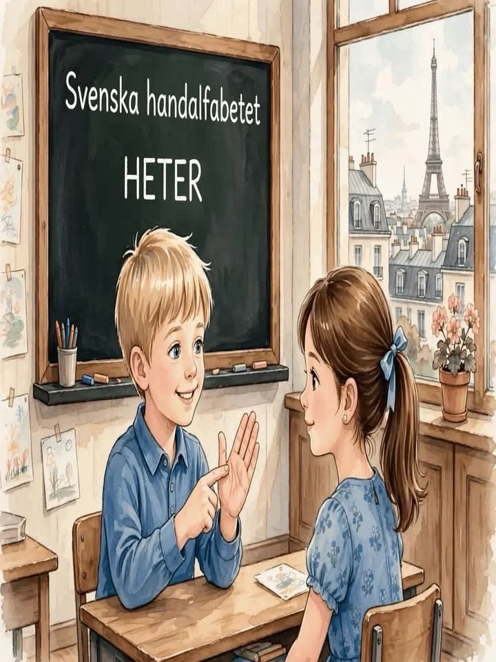 En illustrerad svensk lektion där två barn övar handalfabetet framför en griffeltavla med texten Svenska handalfabetet HETER, med Eiffeltornet utanför fönstret.