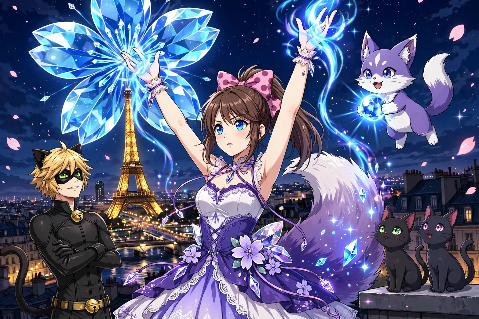 NyxaBloom i vit och lila klänning med kristaller och lysande rävsvans skapar en jätte kristallblomma över Paris tillsammans med Chat Noir och magiska katter framför det upplysta Eiffeltornet.