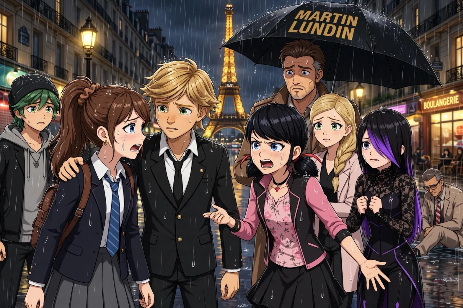 Illustrerad anime-scen med en grupp människor som samlats i regnet på en kvällsgata i Paris, med Eiffeltornet i bakgrunden. En stor svart paraplyskylt med texten MARTIN LUNDIN syns ovanför gruppen.