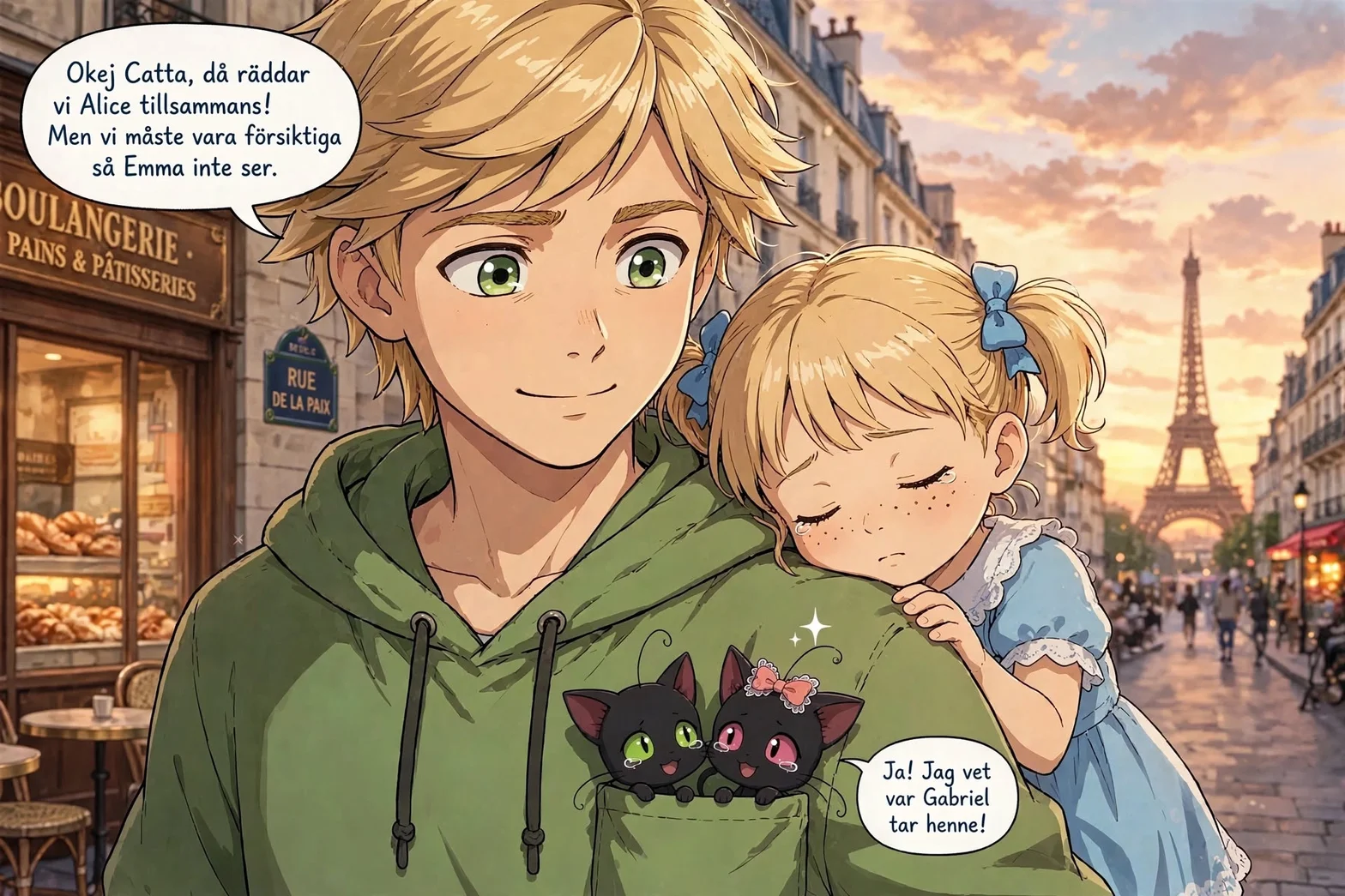 Illustrerad seriebild med en blond pojke som bär en sovande liten flicka i famnen medan två svarta kattungar sitter i hans ficka på en gata i Paris.