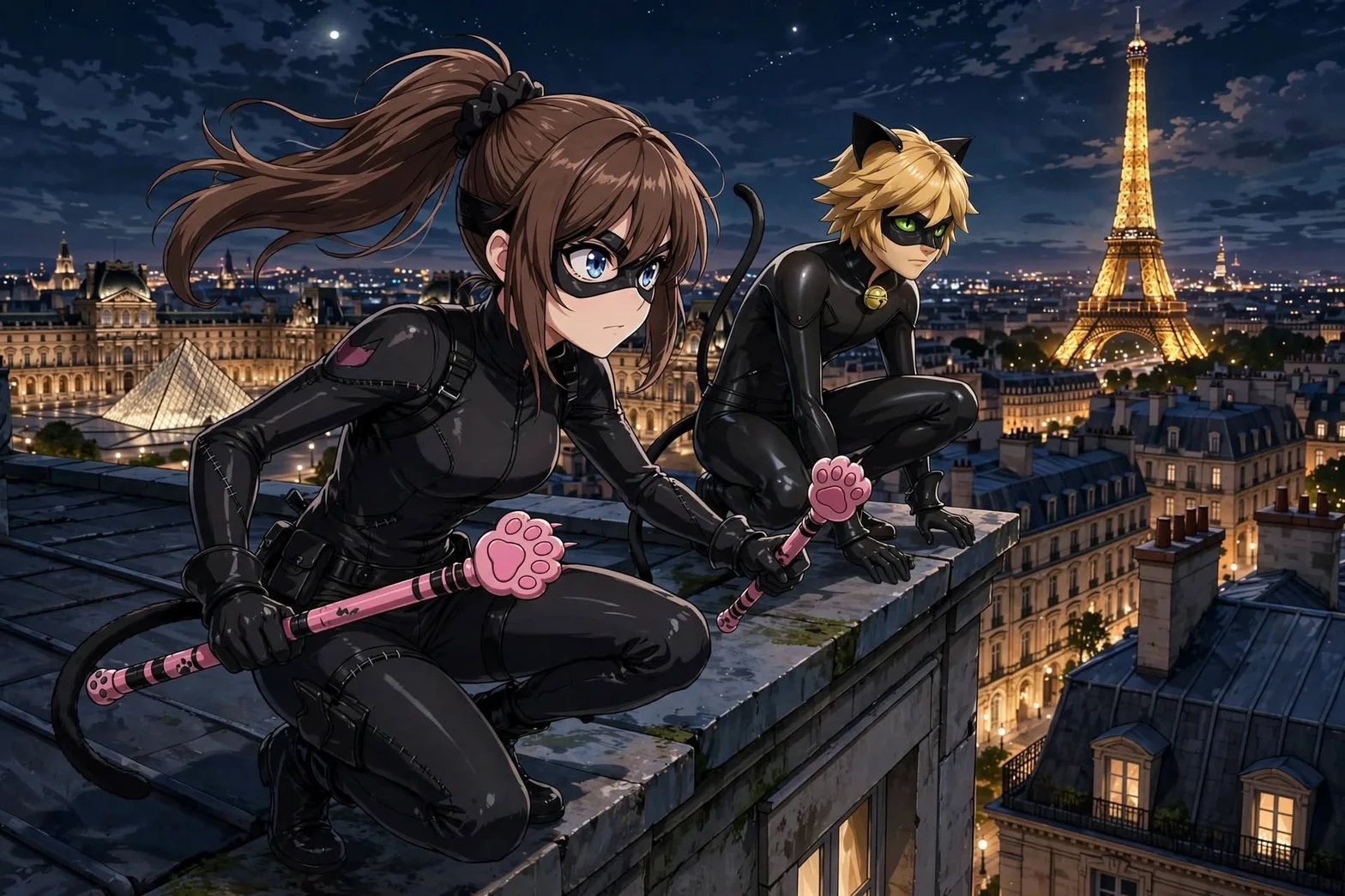 Illustrerad actionscen med två maskerade superhjältar i svarta dräkter på ett hustak med utsikt över Paris på natten och rosa stavar med tassdetaljer.