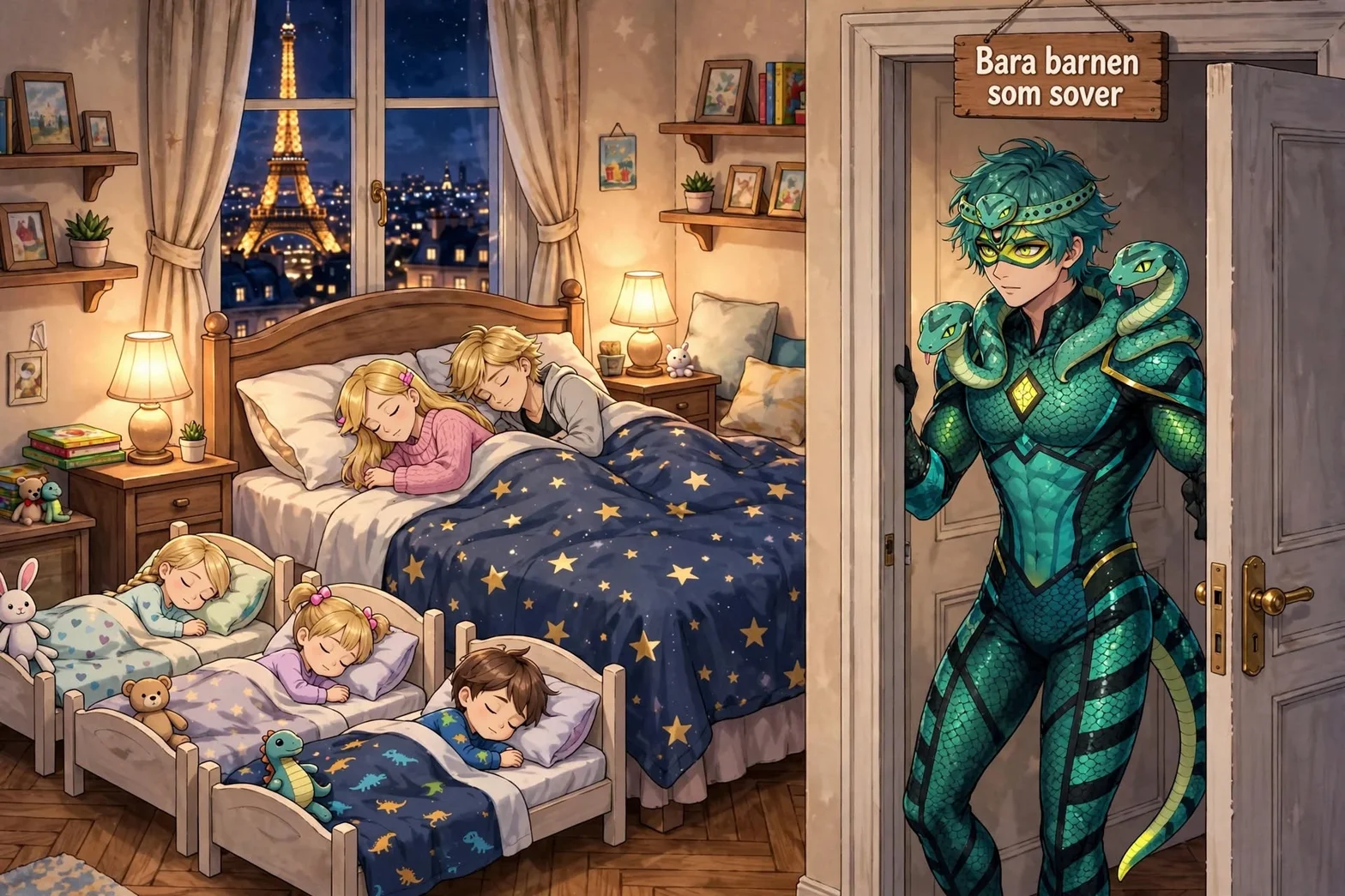 Illustrerad godnattscen i ett mysigt barnrum i Paris med sovande barn, Eiffeltornet synligt genom fönstret och den ormklädda hjälten i dörröppningen.