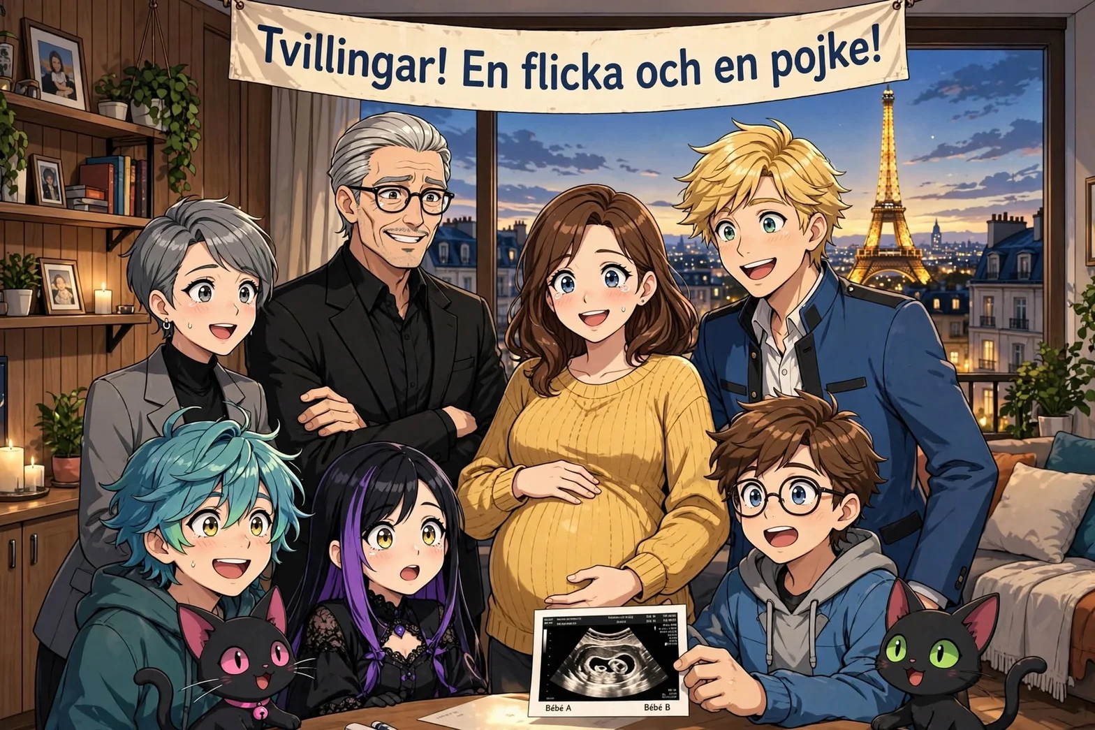 Familj samlad i ett varmt vardagsrum i Paris med blivande föräldrar, barn, katter, ultraljudsfoto och banderoll som firar tvillingarna en flicka och en pojke.