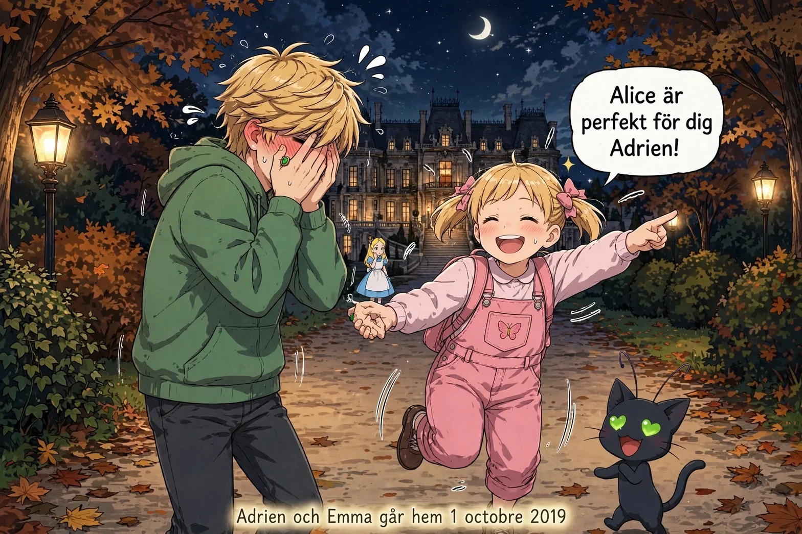 Emma i rosa hängselbyxor springer glatt framåt och pekar med ropet 'Alice är perfekt för dig Adrien!' medan Adrien rodnar generat med händerna över ansiktet och Plagg ler med hjärtögon.