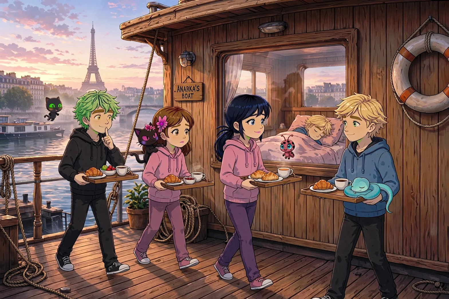 Fem animerade ungdomar njuter av frukost på ett träfartyg på Seinen i Paris, med Eiffeltornet synligt i bakgrunden och magiska varelser närvarande.
