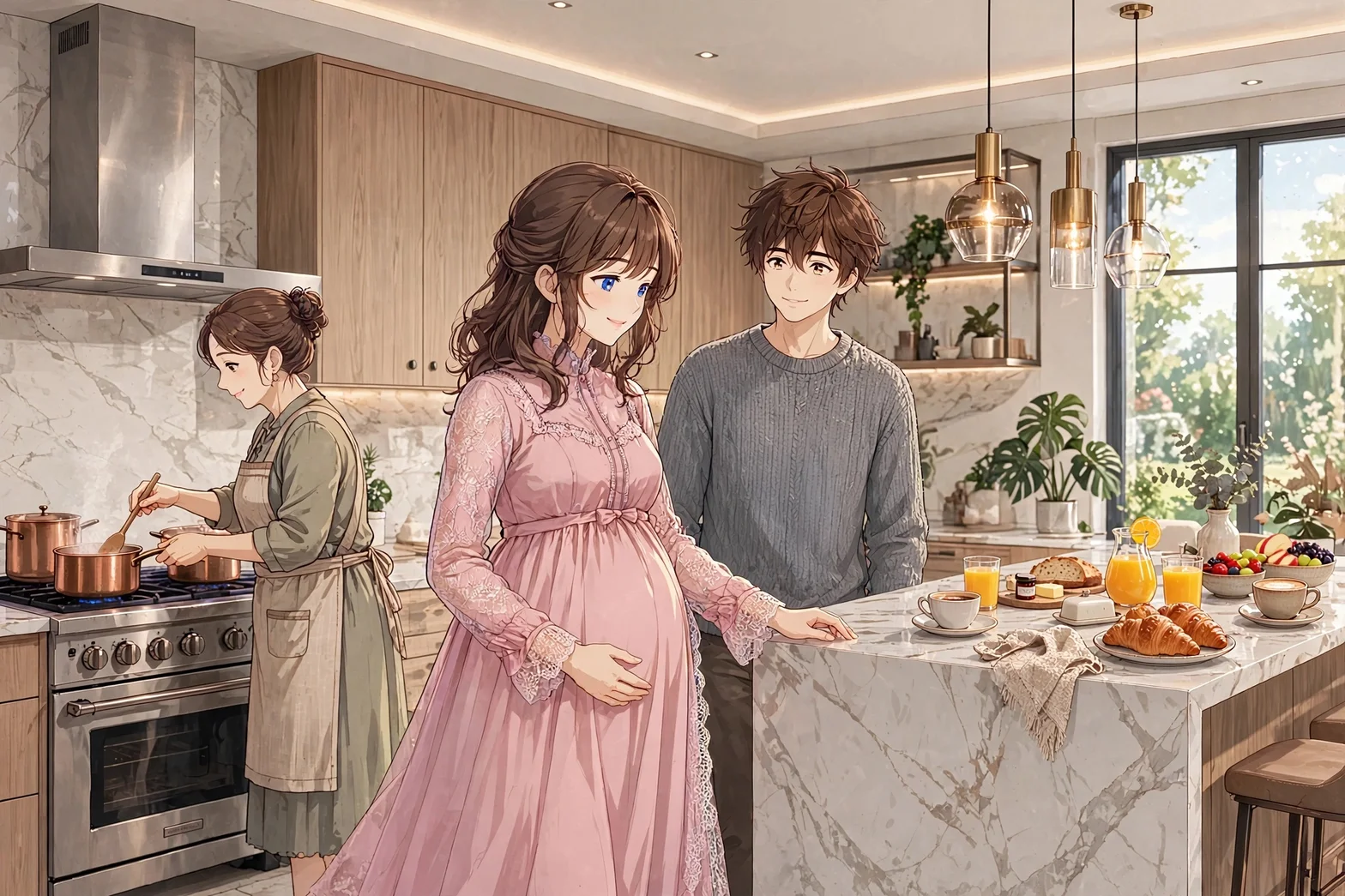 En gravid kvinna i rosa klänning står i ett modernt kök med marmorbänkar, tillsammans med en man och en kvinna som lagar mat.