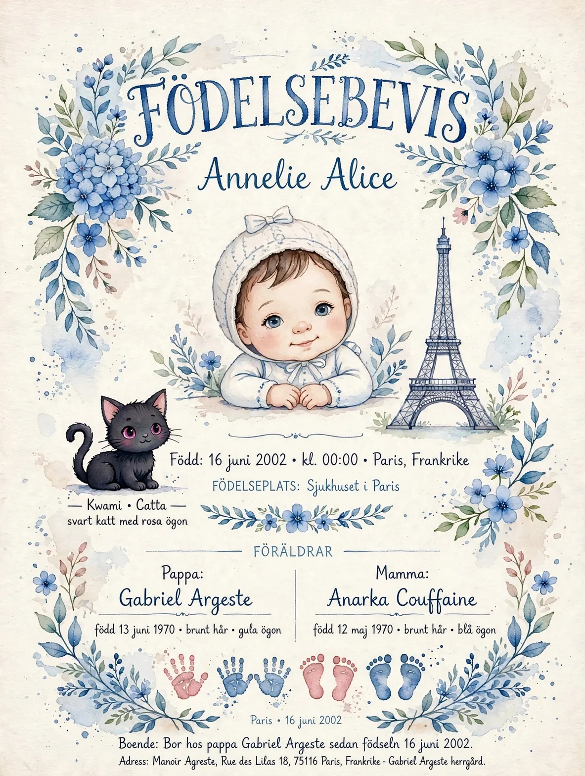 Ett illustrerat födelsekort för Annelie Alice, född i Paris år 2002, med en bebis, blommor och Eiffeltornet.