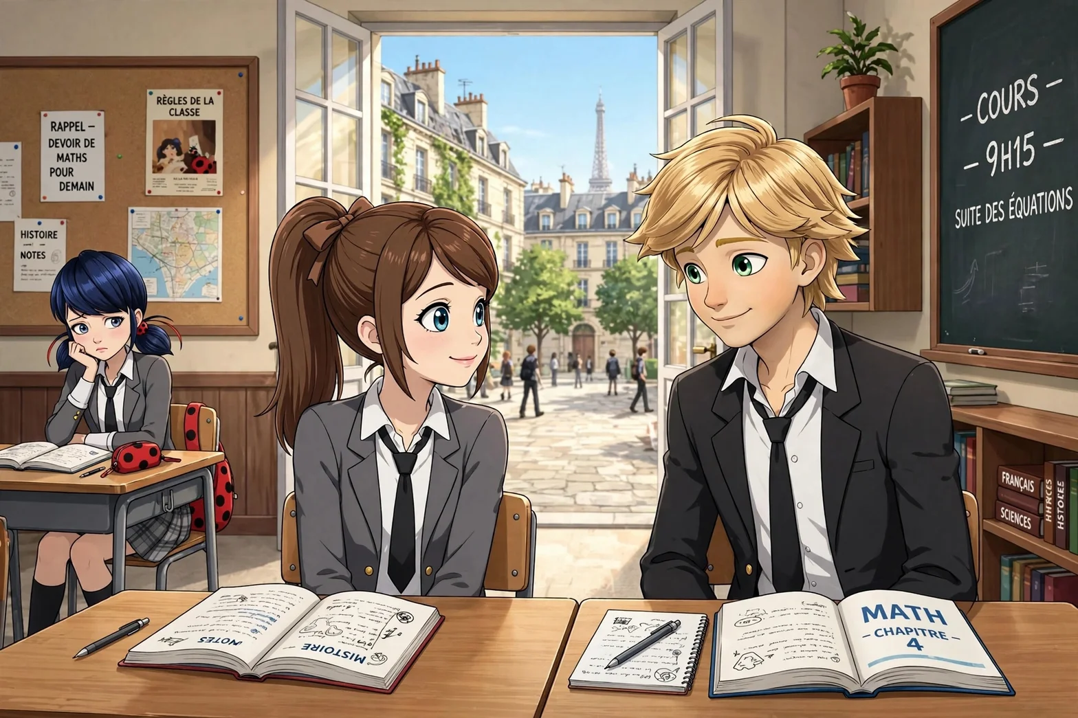 Adrien och Alice har tagit plats tillsammans vid skolbänken medan Marinette sitter bakom och ser sur ut.