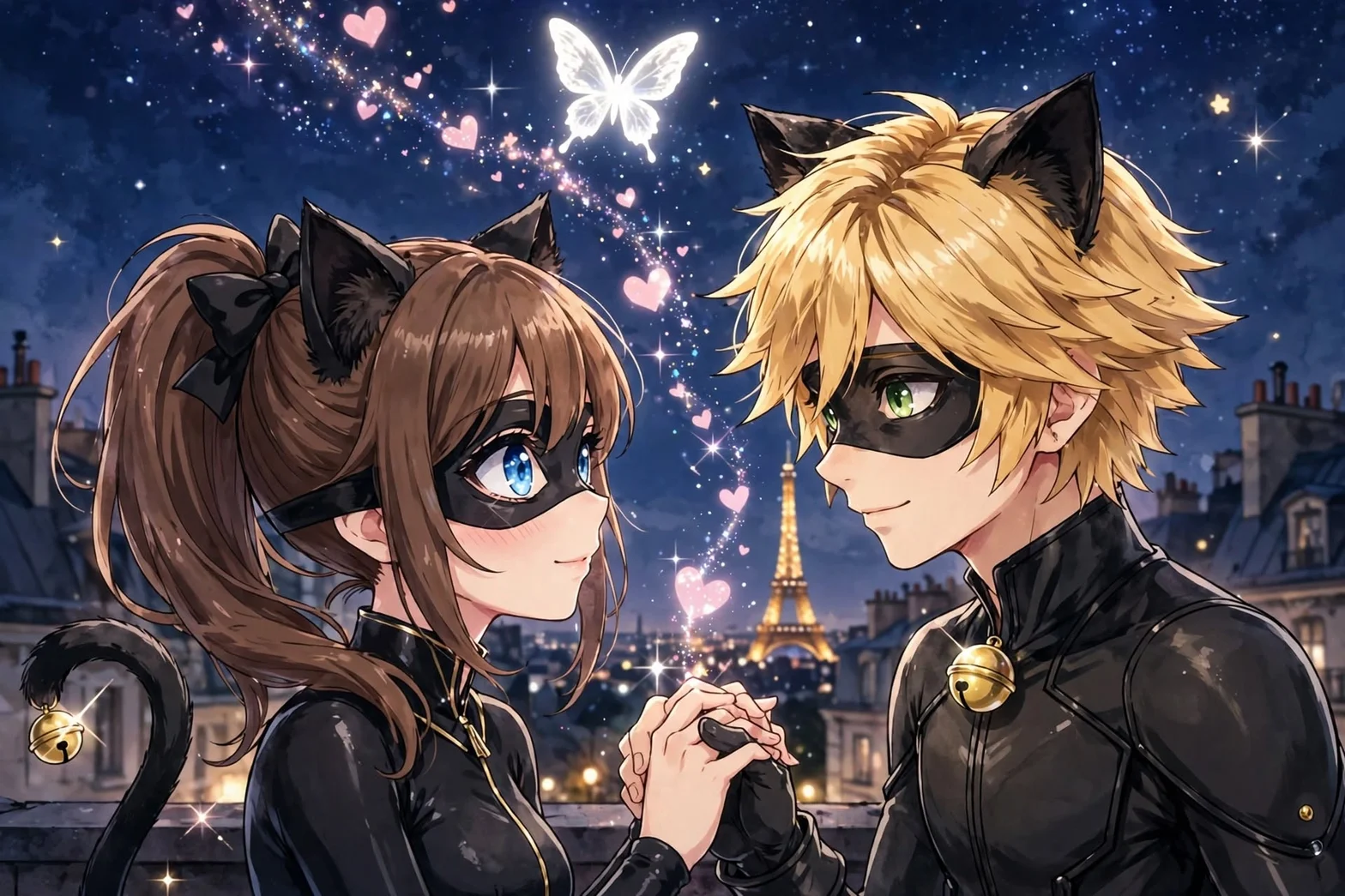 En romantisk animeillustration av två maskerade kattlika hjältar i svarta dräkter som håller varandras händer på ett tak i Paris med stjärnhimmel och fjärilar.